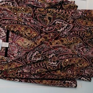 Dress Barn Size L Paisley V Neck Polyester Top with Scattered Gold Sequins